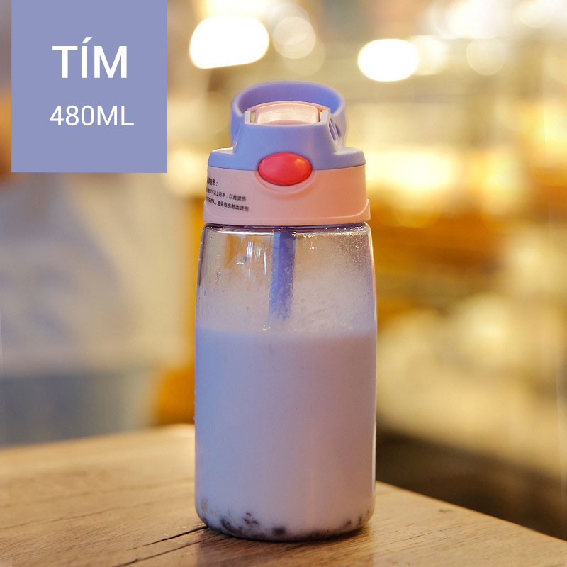 Bình nước nhựa in hình hoạt hình có ống hút cho trẻ em, bình nước thể thao B5 480ml