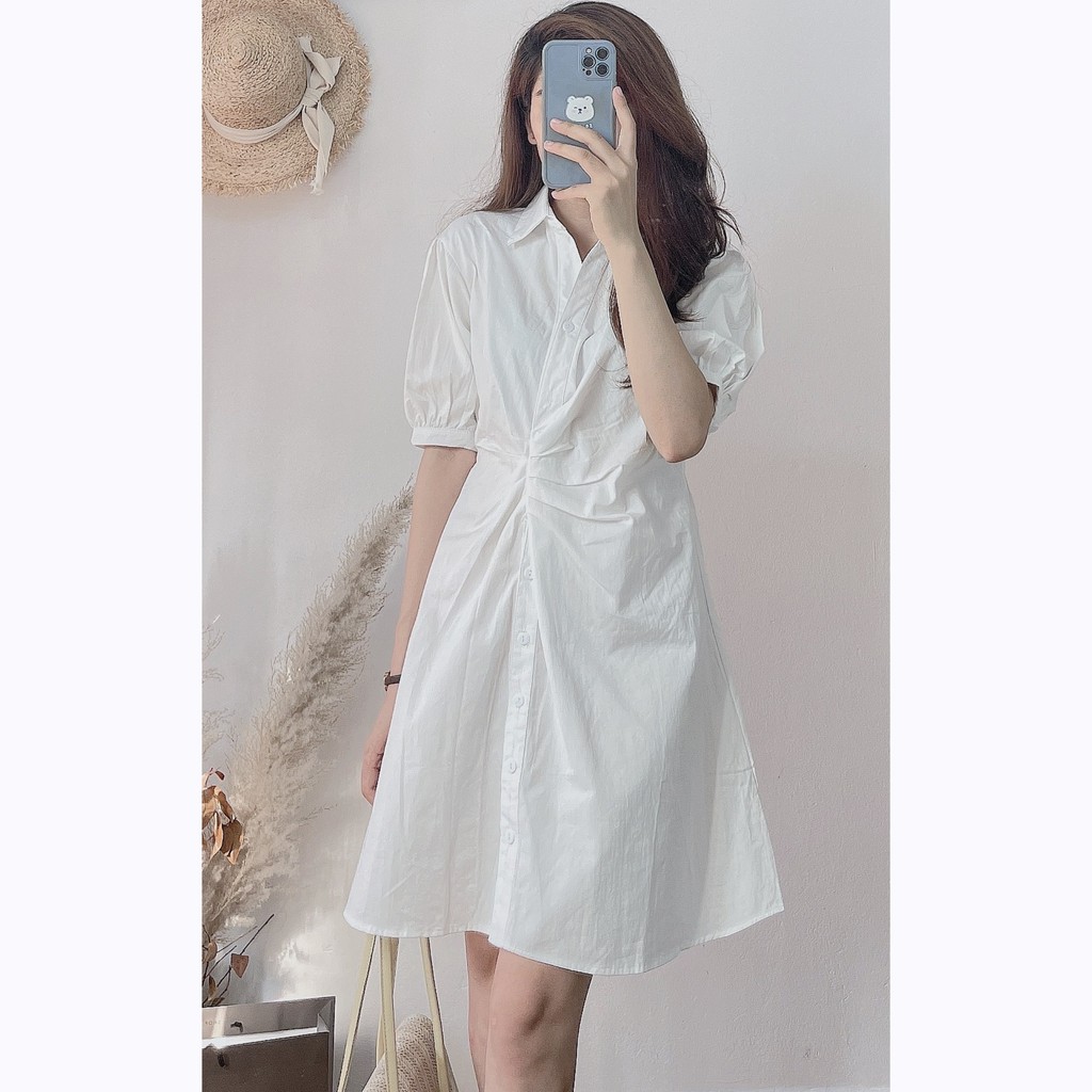 Váy sơ mi nhún eo chun sau co giãn phong cách ulzzang Hàn Quốc