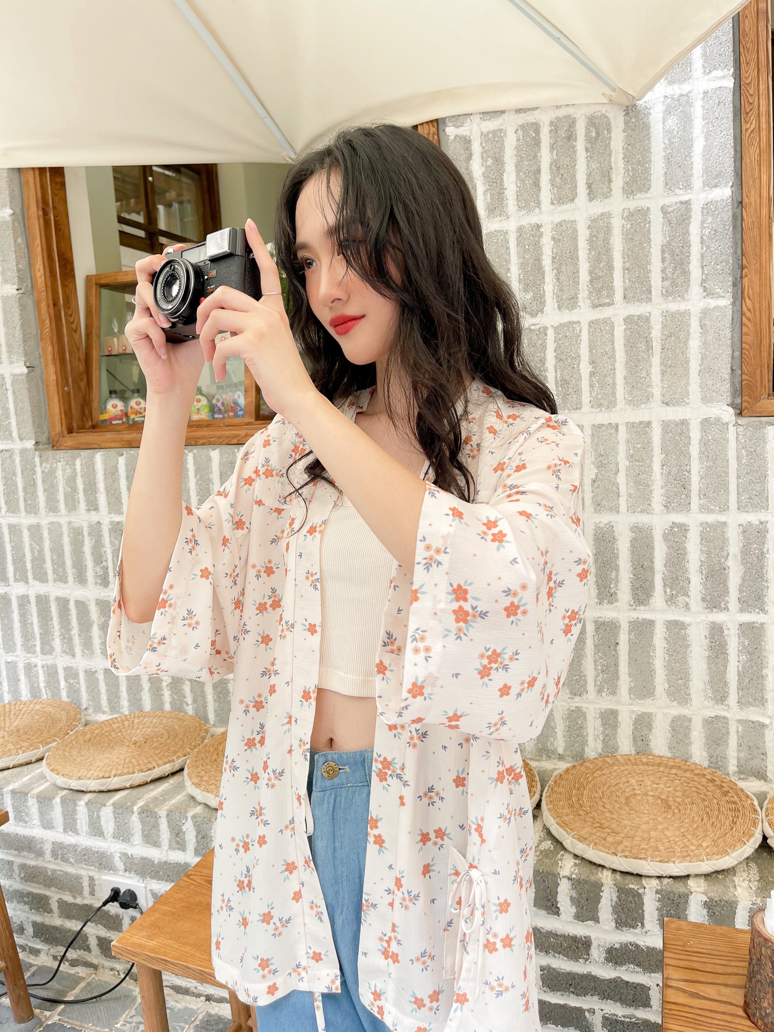 Áo Kimono Hoa Nơ - Cam Madelen