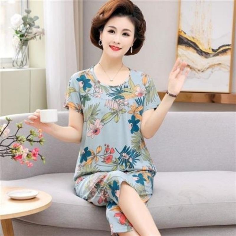 Bộ mặc nhà trung niên nữ chất vải lanh siêu mát- đồ bộ trung niên nữ- bộ ngủ quần lửng- bộ quần áo cho mẹ