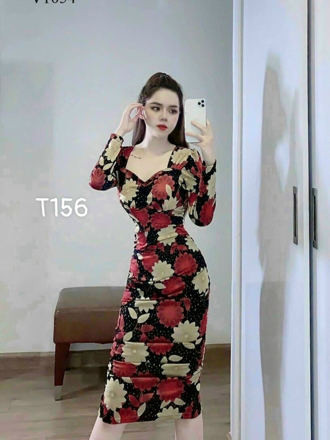 Đầm body tay dài cổ tim ôm dáng dài dự tiệc dạo phố thun kts chuyển nhiệt cao cấp T156