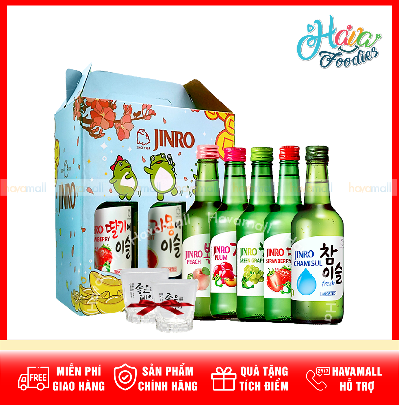 Giỏ quà tặng combo 5 chai soju jinro 360ml tặng kèm 1 phô mai que