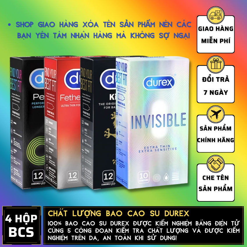 FREESHIP 04 Hộp Durex Performa kéo dài + Fetherlite siêu mỏng + Kingtex size cỡ nhỏ + Invisible Extra Thin [Che tên sản phẩm]