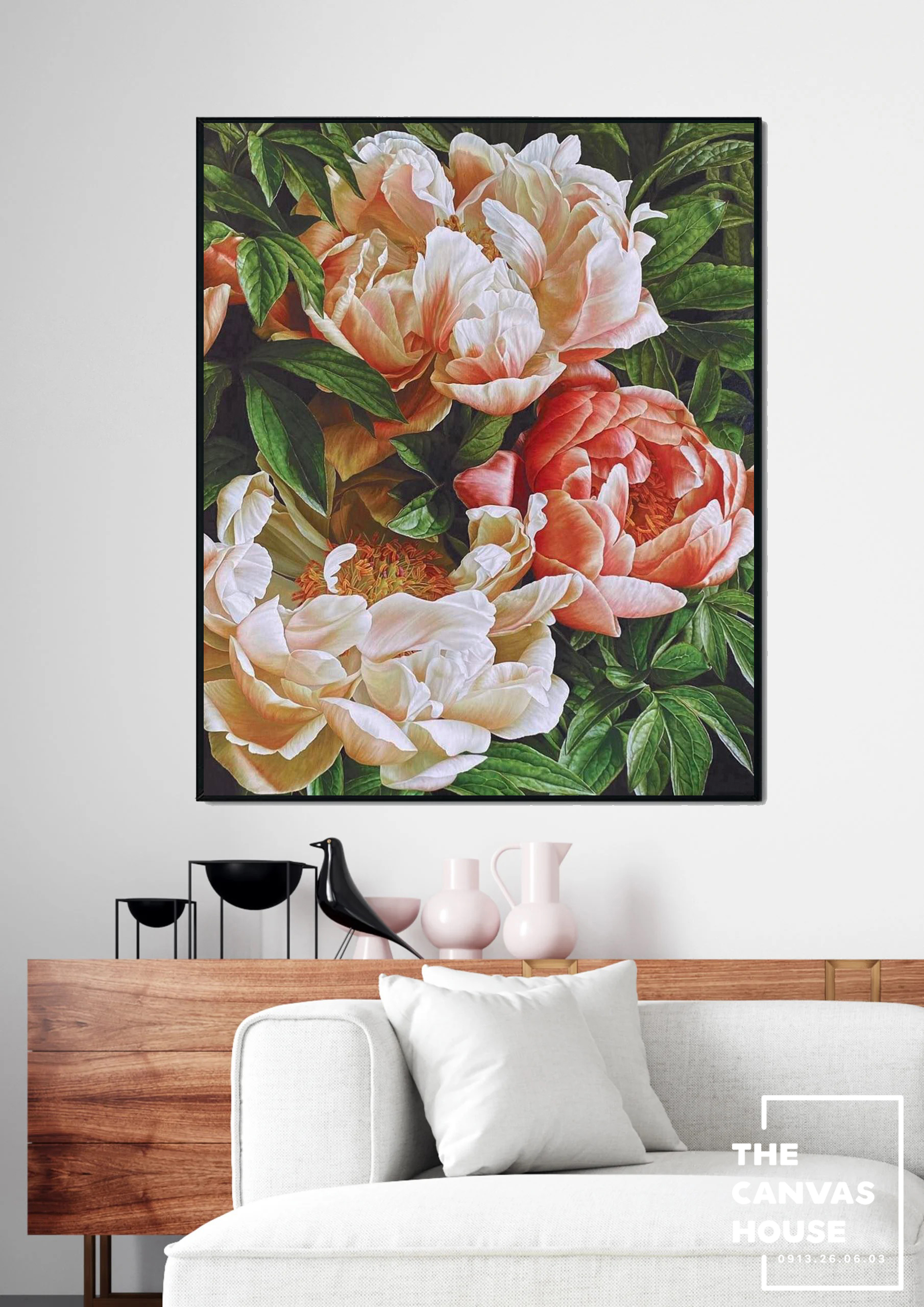 Tranh Canvas Hoa Mẫu Đơn Cam (Hình thật tại xưởng - Đã có khung, móc, đinh treo) - The Canvas House - L1MDC