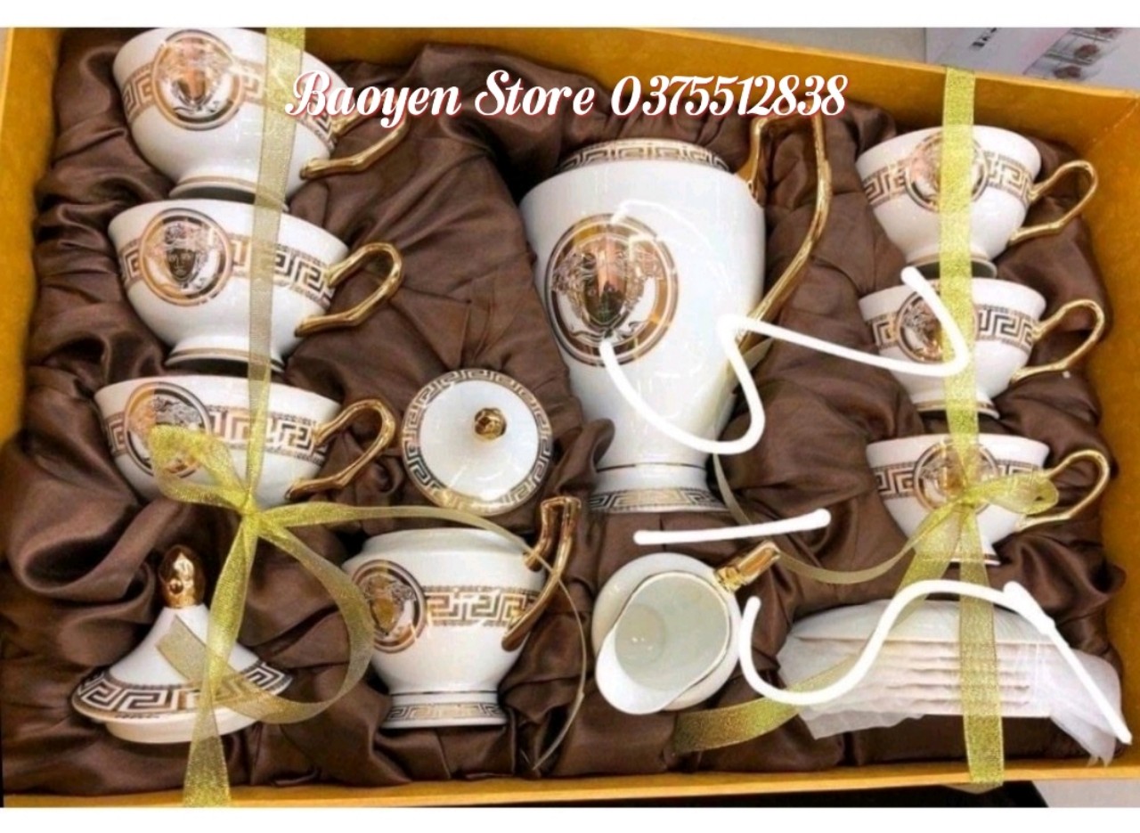 Bộ ấm chén sứ xương versace cao cấp màu trắng, sang trọng, tinh tê
