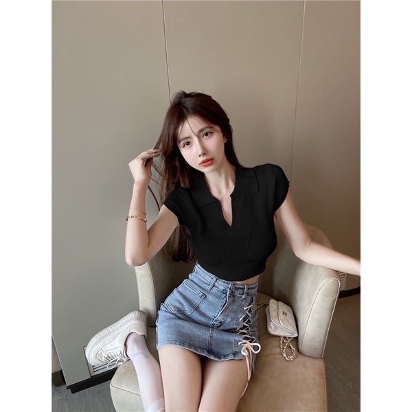 áo len dệt kim cổ V basic tay hến dáng croptop (M98#)