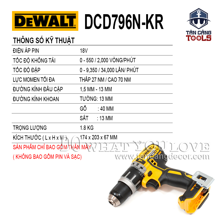 Máy Khoan Động Lực Dùng Pin DeWalt 18V DCD796N ( Thân Máy )