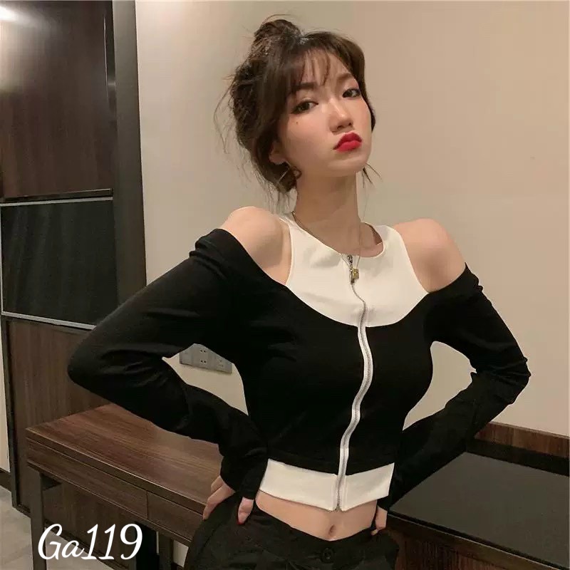 Áo kiểu nữ hở vai phối khoá kéo cotton Ga119