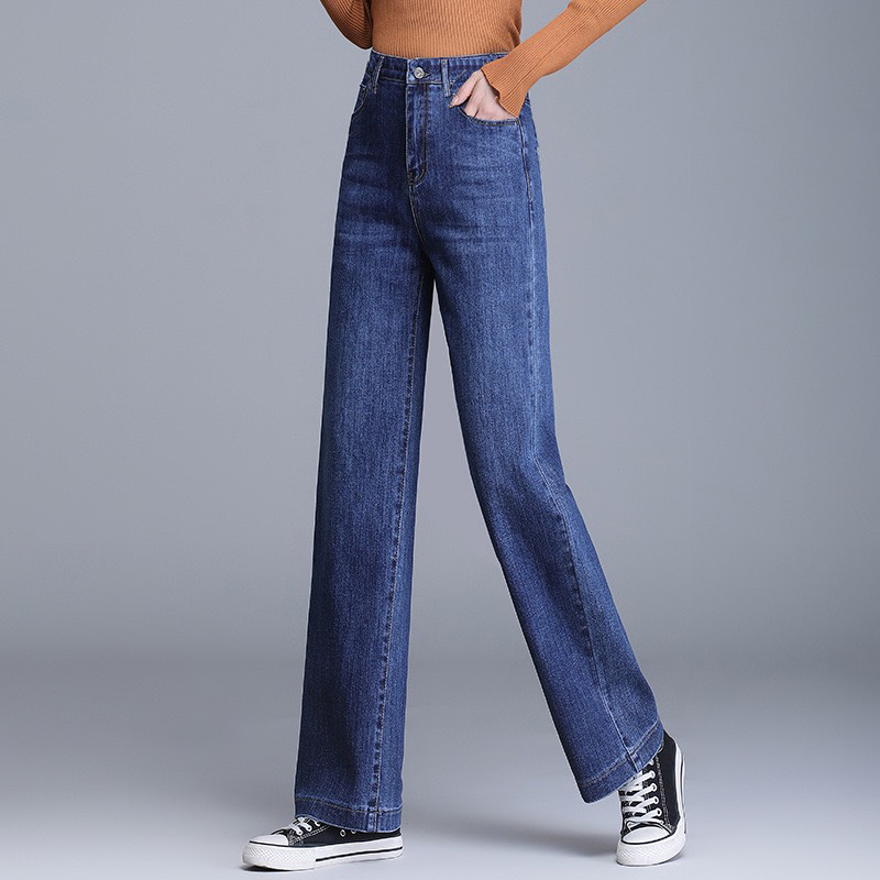Quần jean nữ ống rộng form suông cotton co giãn 4 chiều