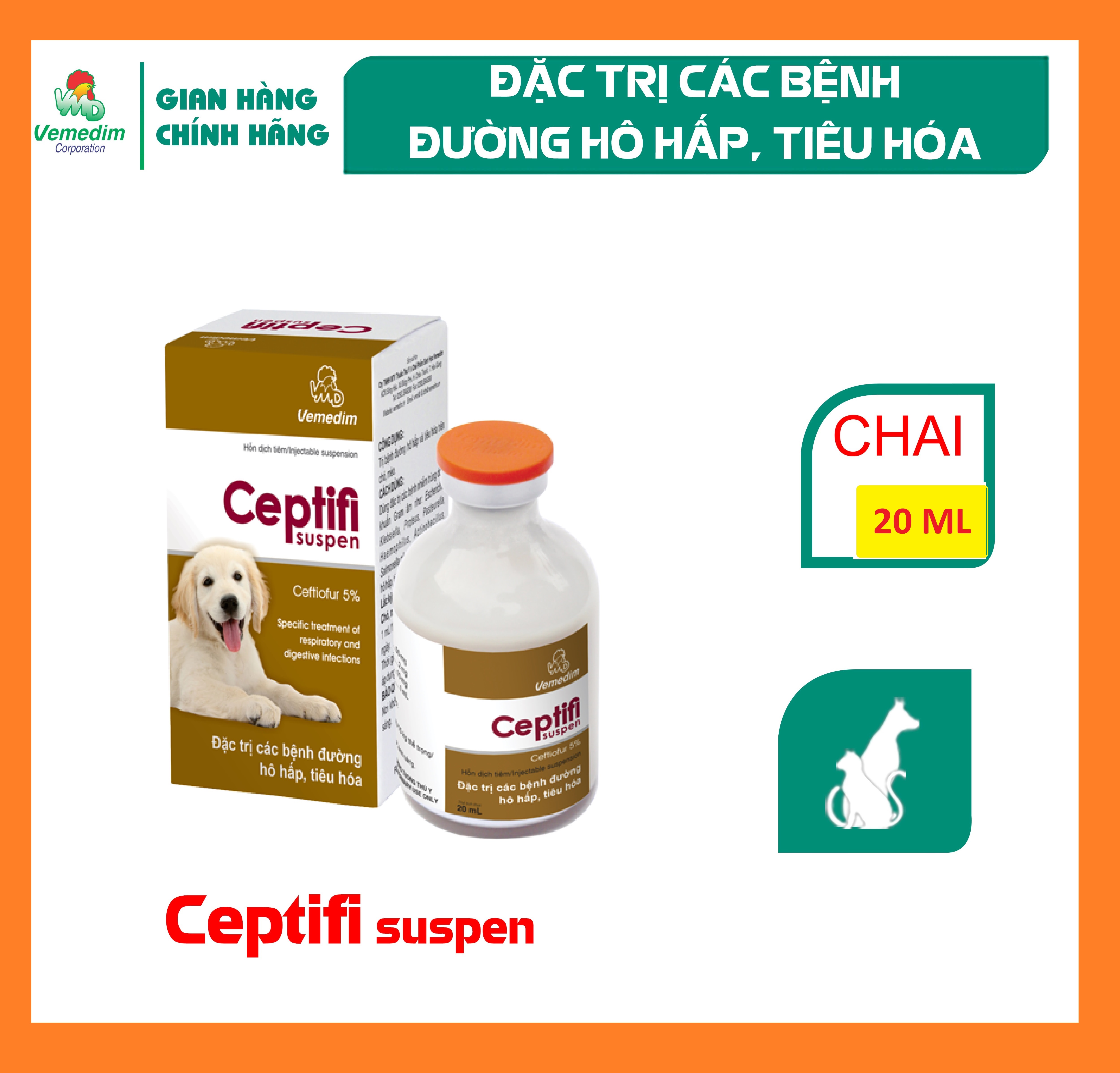 "Hoàn tiền đến 10%" Vemedim Ceptifi suspen dùng cho chó mèo bị hô hấp, chai tiêm 20ml