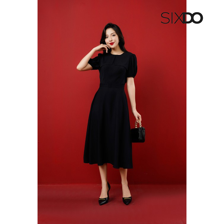 Đầm lụa đen phối đai SIXDO (Black Short Sleeves Midi Silk Dress)