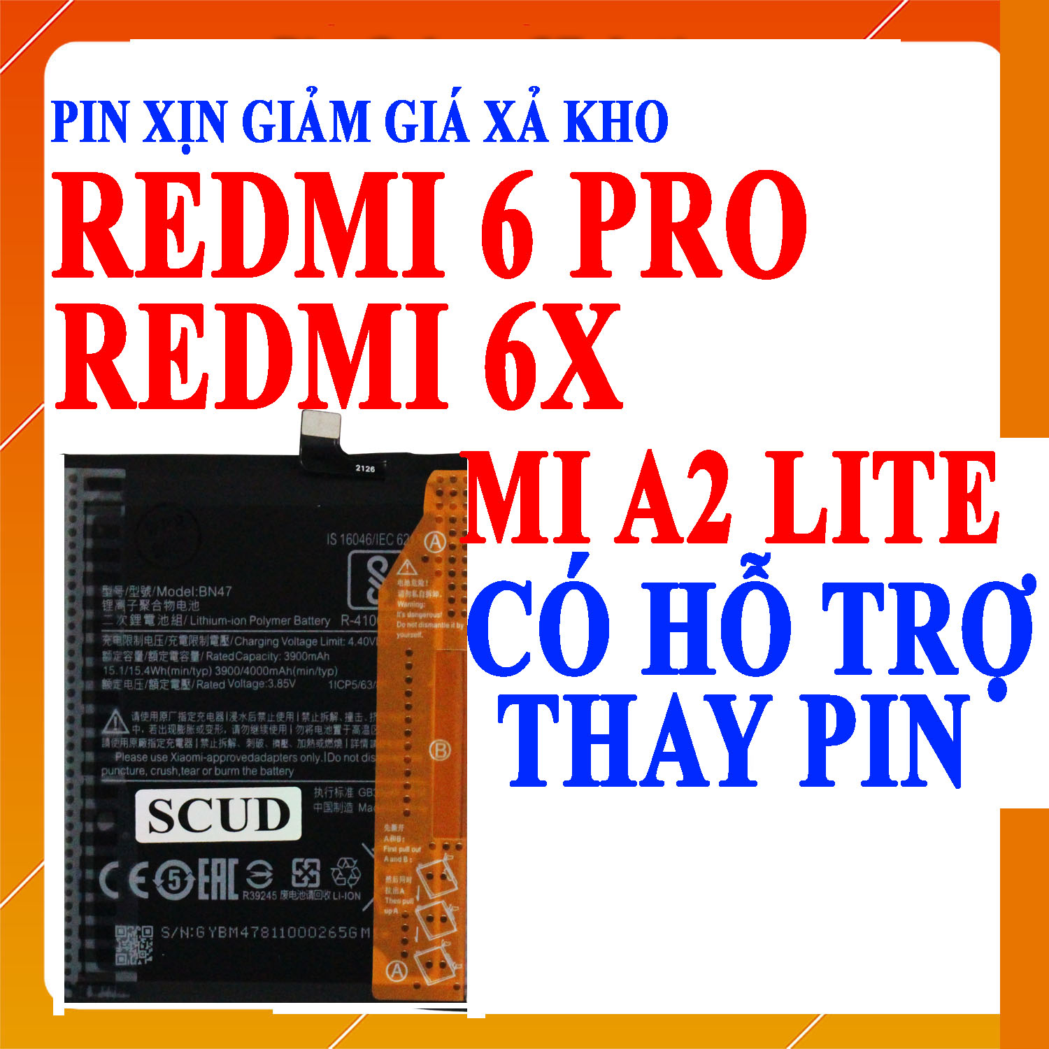 Pin Scud cho Xiaomi Redmi 6X/Redmi 6 Pro/Mi A2 Lite BN47 dung lượng 4000mAh (Đen)