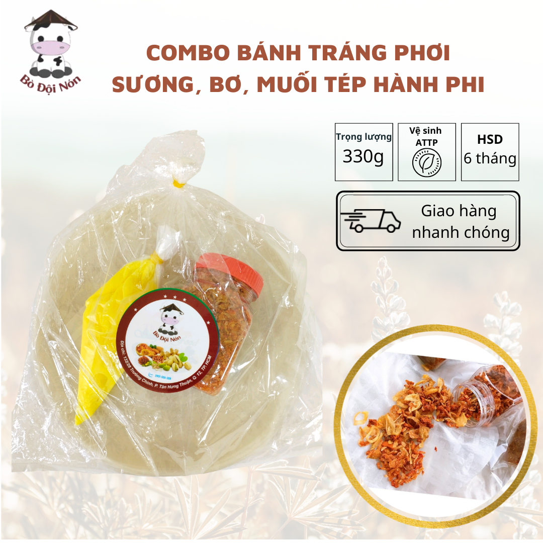 Combo Bánh Tráng Phơi Sương Bơ Muối Tép Hành Phi Bò Đội Nón 330/800g