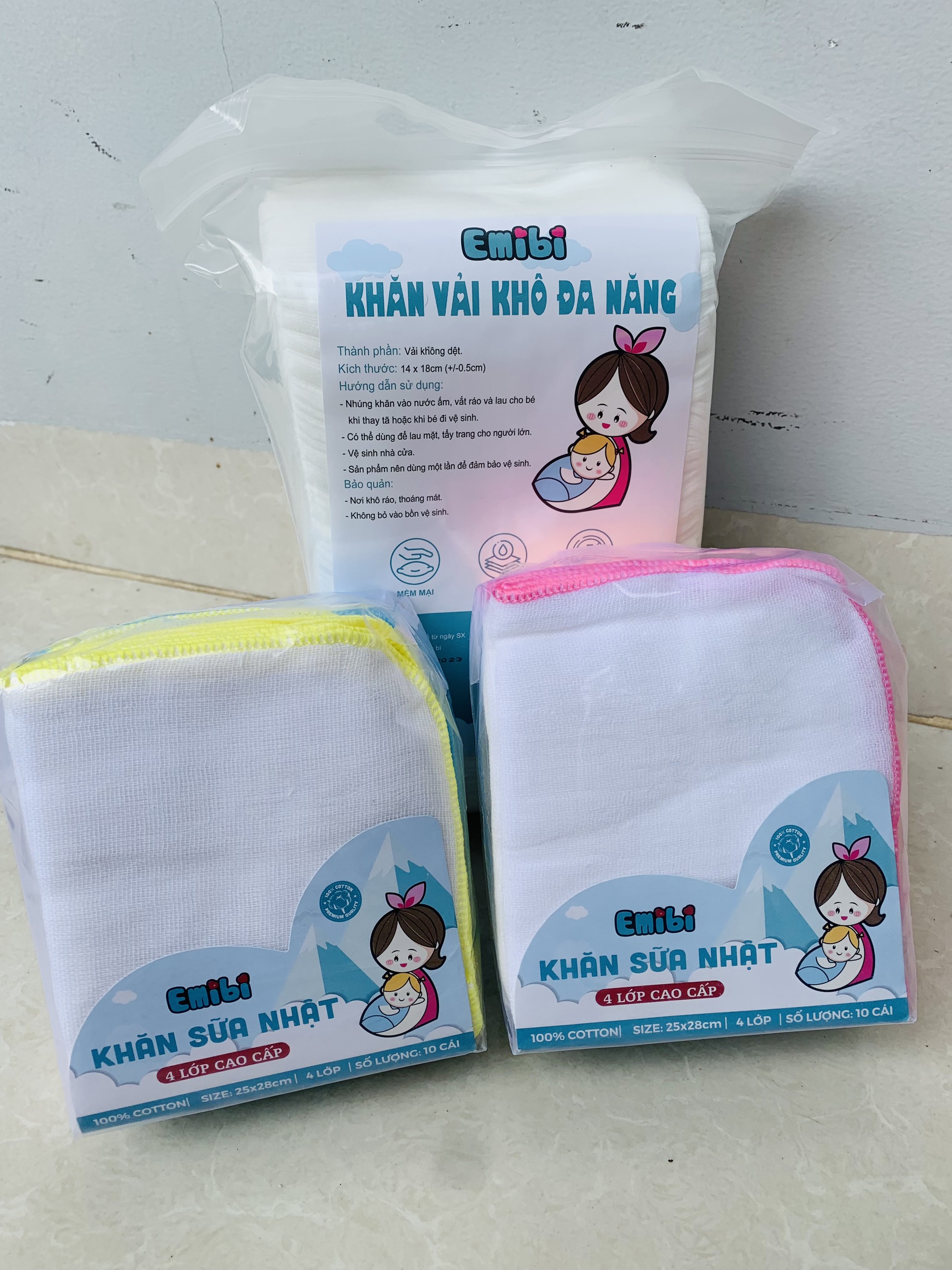 Khăn xô sữa cho bé 4 lớp gói 10 chiếc Emibi