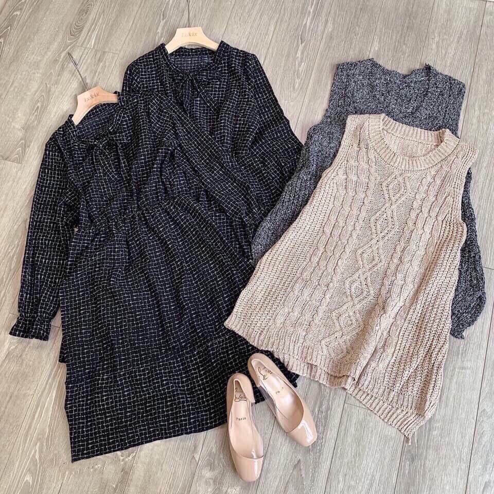 Set len gile váy đuôi cá nơ cổ