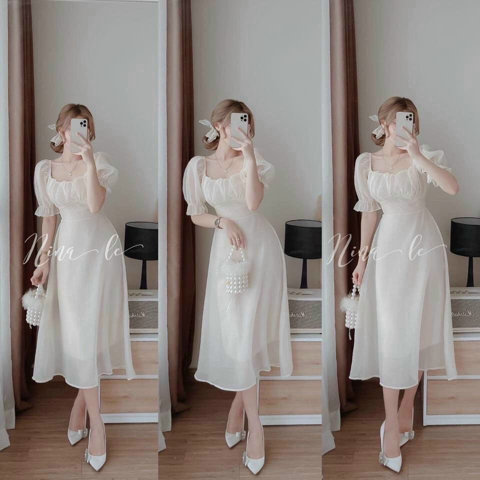Đầm trắng maxi công chúa tay phồng, đầm voan nhún ngực ôm eo dáng xoè, đầm đi tiệc dáng dài có mút ngực tay búp sang chảnh