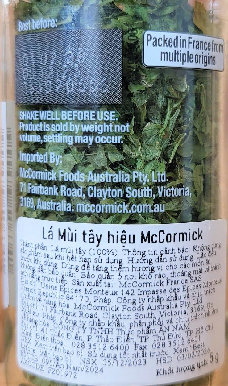 MCCORMICK (Lọ PARSLEY 5g) LÁ MÙI TÂY PHÁP Parsley Leaves