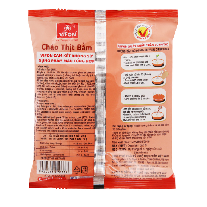 Cháo Thịt Vifon Có Gói Thịt Thật 70g