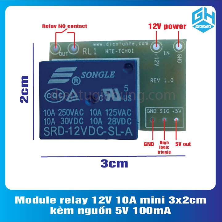 Module relay 12v 10a mini 3x2cm - kèm nguồn 5v 100ma