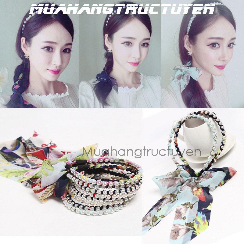 Băng Đô Bờm Cài Tóc Kết Ngọc Trai Nhân Tạo Kèm Dây Nơ Ren Tiểu Thư Hàn Quốc Siêu Nữ Tính-PHỤ KIỆN TÓC