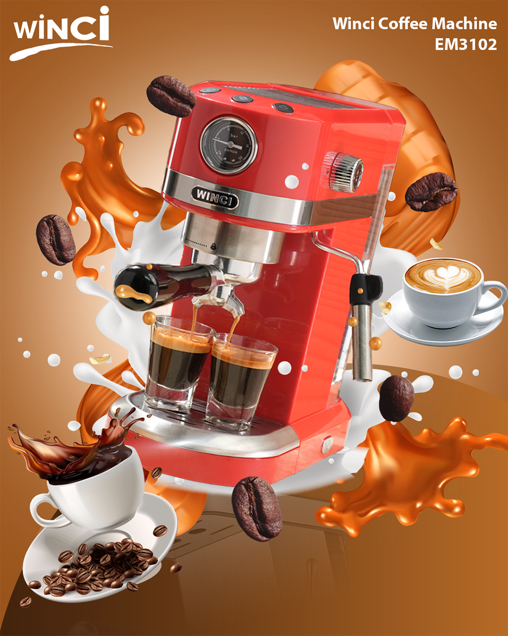 Máy pha cà phê Espresso, Capuchino, Latte Winci EM3012, bảo hành 24 tháng