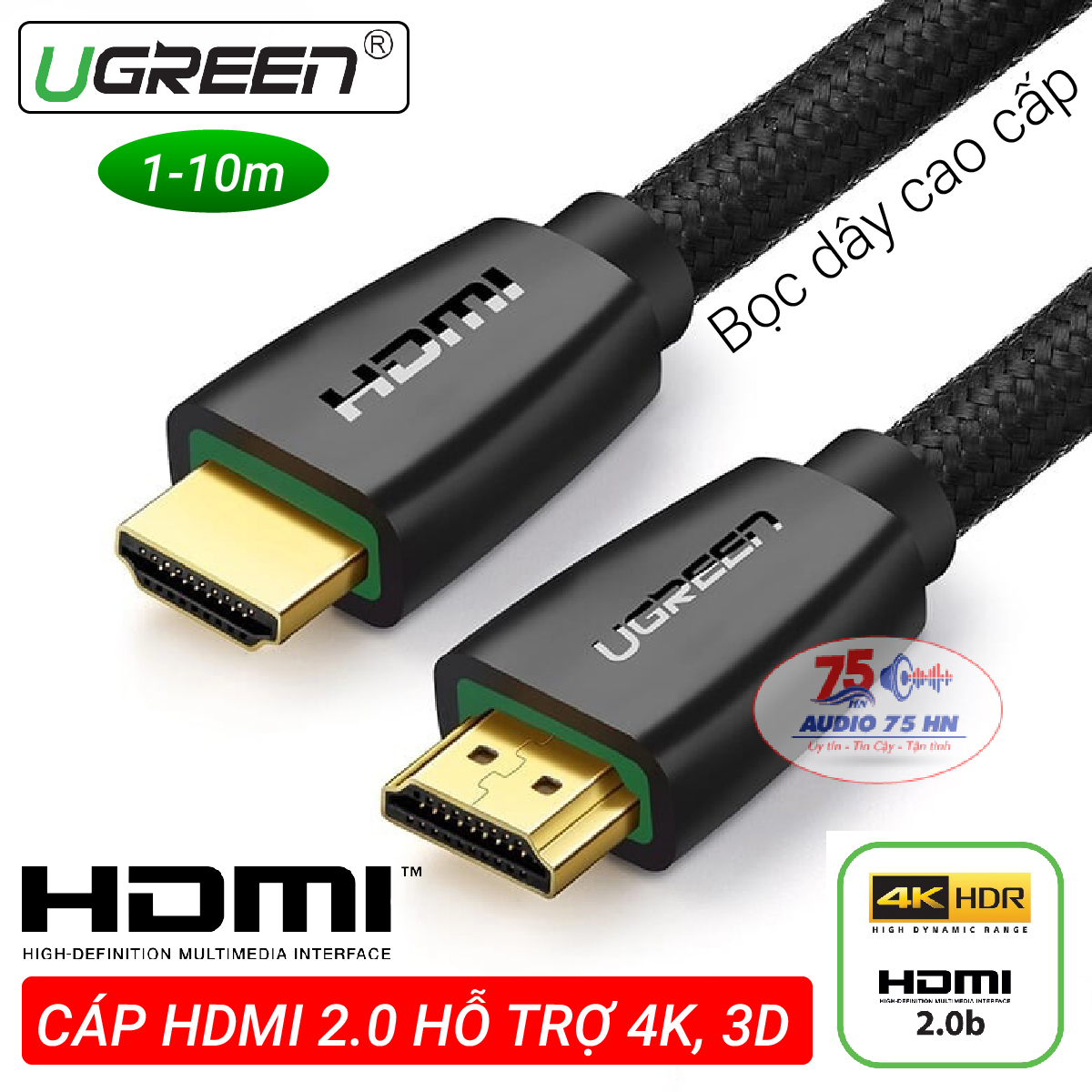 Cáp HDMI 2.0 UGREEN HD118 Bọc Lưới Cao Cấp hàng chính hãng dài từ 1M đến 10M
