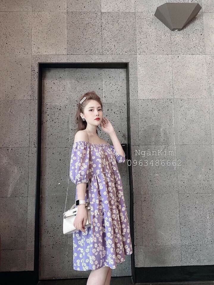 [HCM]Đầm babydoll hoa trễ vai