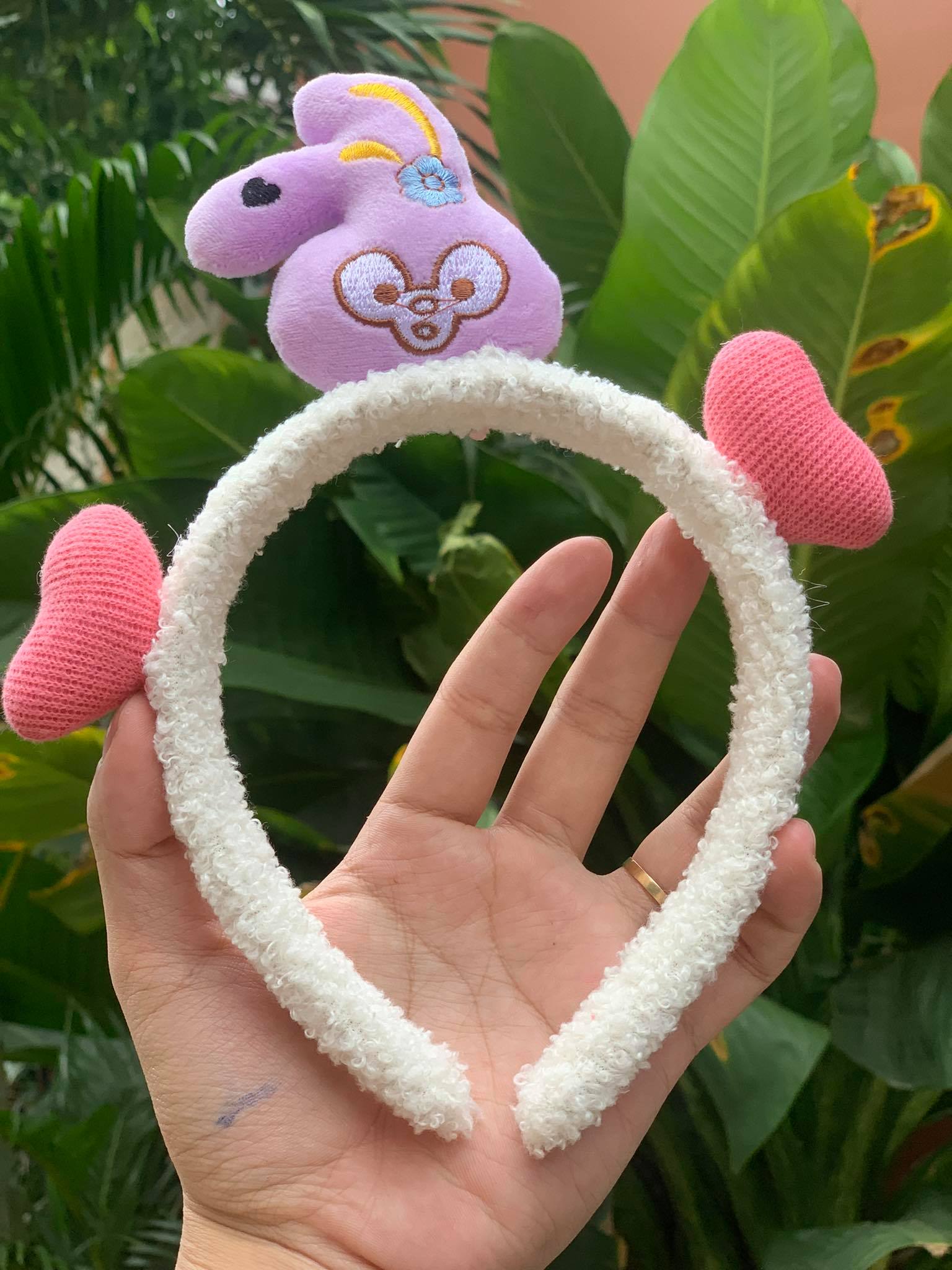 Bờm Cài Tóc Thỏ Lông 2 Tim Xinh Xắn | Băng đô cài tóc đáng yêu hình gấu chất liệu bông, bờm tóc cute hình thỏ cho nữ, băng đô rửa mặt