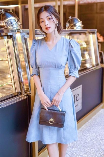 [HCM]Đầm xanh biển cổ V tay xếp li