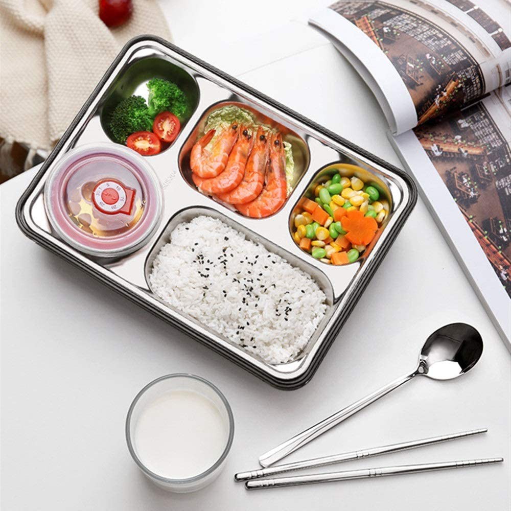 HỘP CƠM VĂN PHÒNG KHAY INOX 5 NGĂN, CÓ BÁT ĐỂ CANH - TẶNG MUỖNG VÀ ĐŨA INOX CAO CẤP - HỘP CƠM 5 NGĂN INOX GIỮ NHIỆT, CÓ NẮP CHỐNG TRÀN VÀ GIÁ ĐỠ ĐIỆN THOẠI