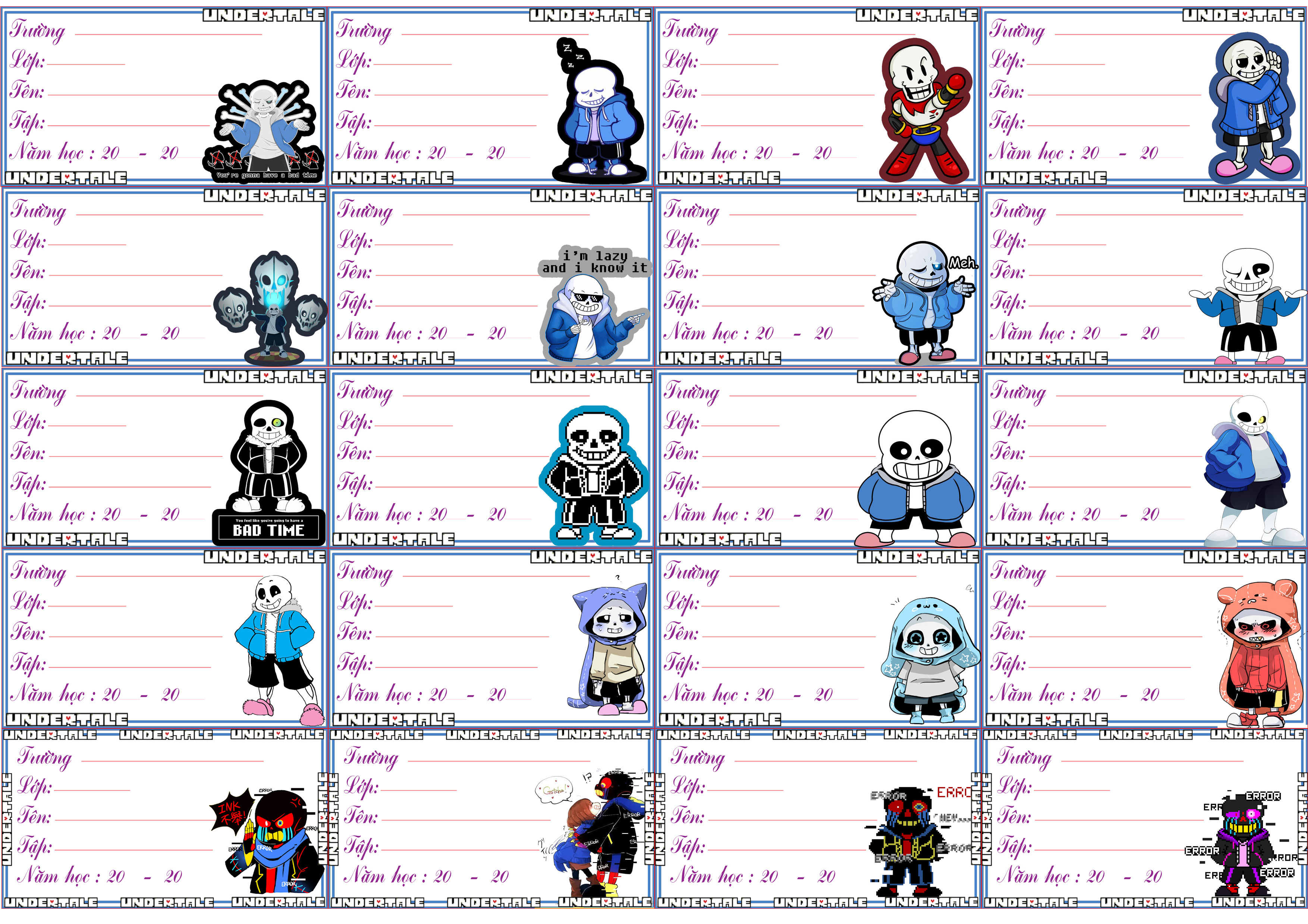 set 40-100 Nhãn vở Sans Undertale