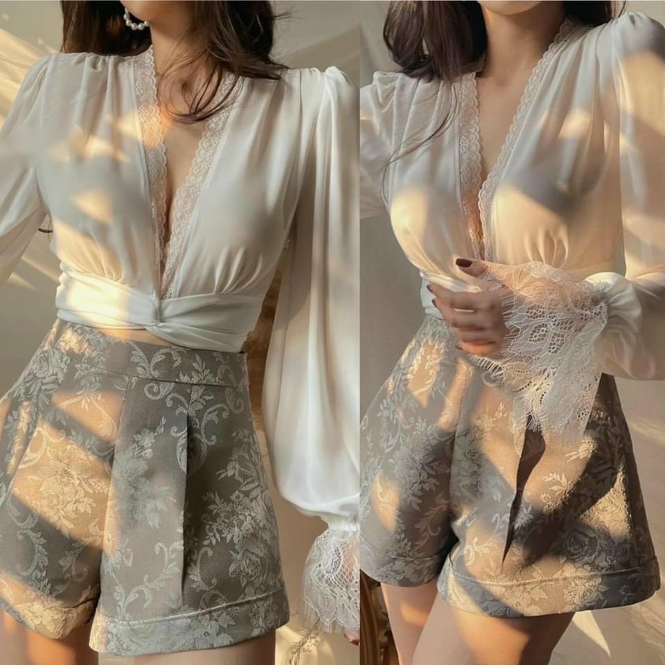 Áo kiểu tay dài viền ren cột nơ eo sexy , chất voan lụa mềm mát