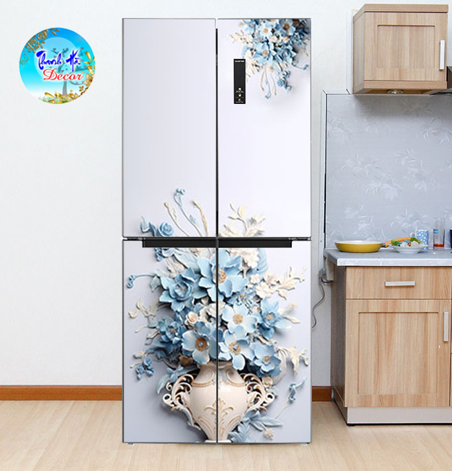 Decal dán Tủ Lạnh bình hoa xanh 3d chất liệu cao cấp