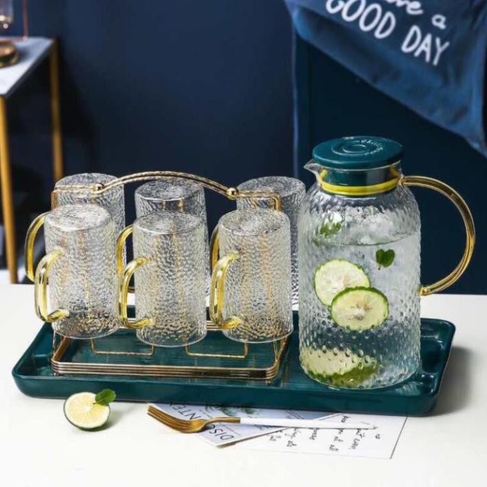 (Hàng đẹp) Bộ bình 6 cốc thủy tinh cao cấp kèm giá úp và khay