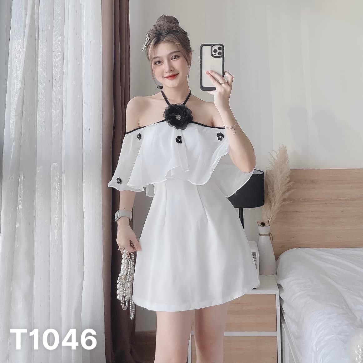 Đầm suông nữ cổ yếm viền phối bèo đính hoa có mút ngực cotton lạnh T1046