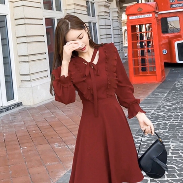[HCM]Đầm đỏ tay dài phối dập li