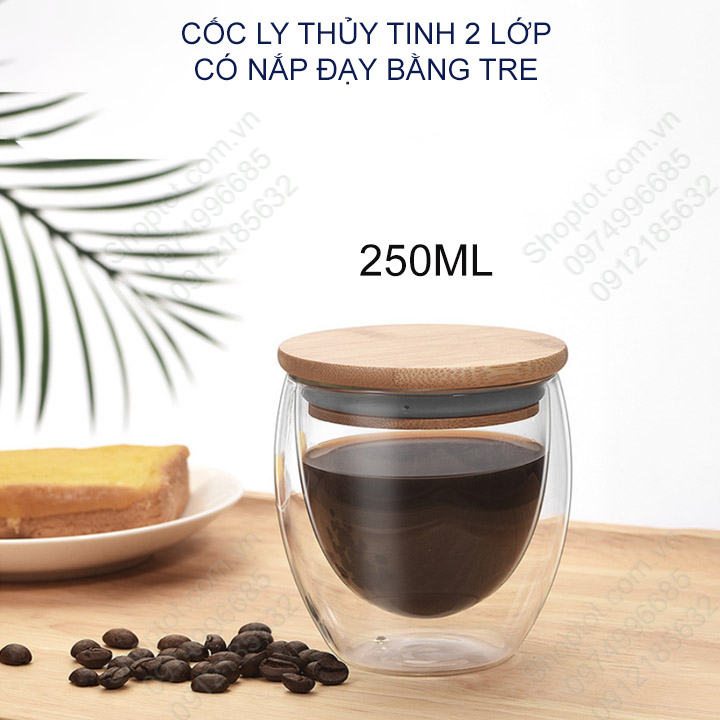Cốc ly thủy tinh 2 lớp có nắp đạy bằng tre, giữ nhiệt tốt, loại 250ml-350ml-450ml-650ml tùy chọn, dùng uống trà-cafe-sữa đa năng