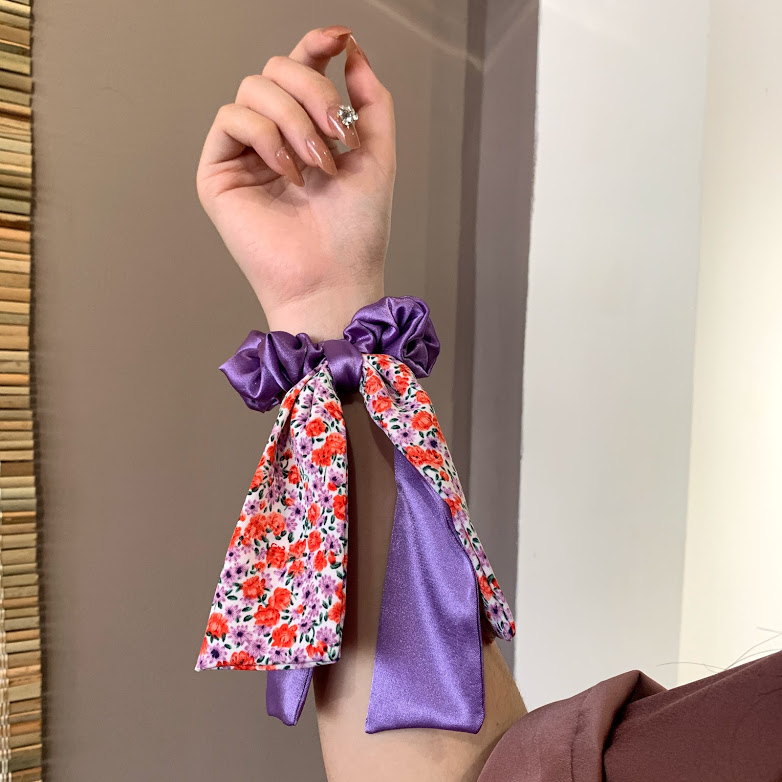 Dây cột tóc pelta scrunchies nơ dài tím mộng mơ