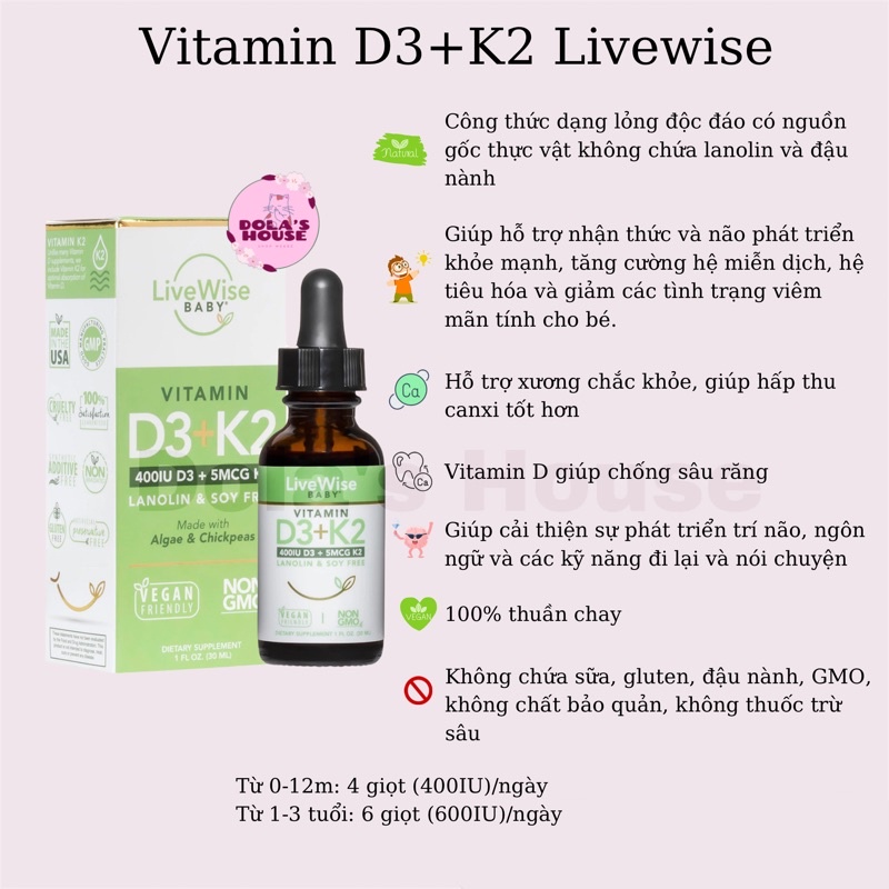 Vitamin D3 K2 hữu cơ LiveWise Mỹ cho bé