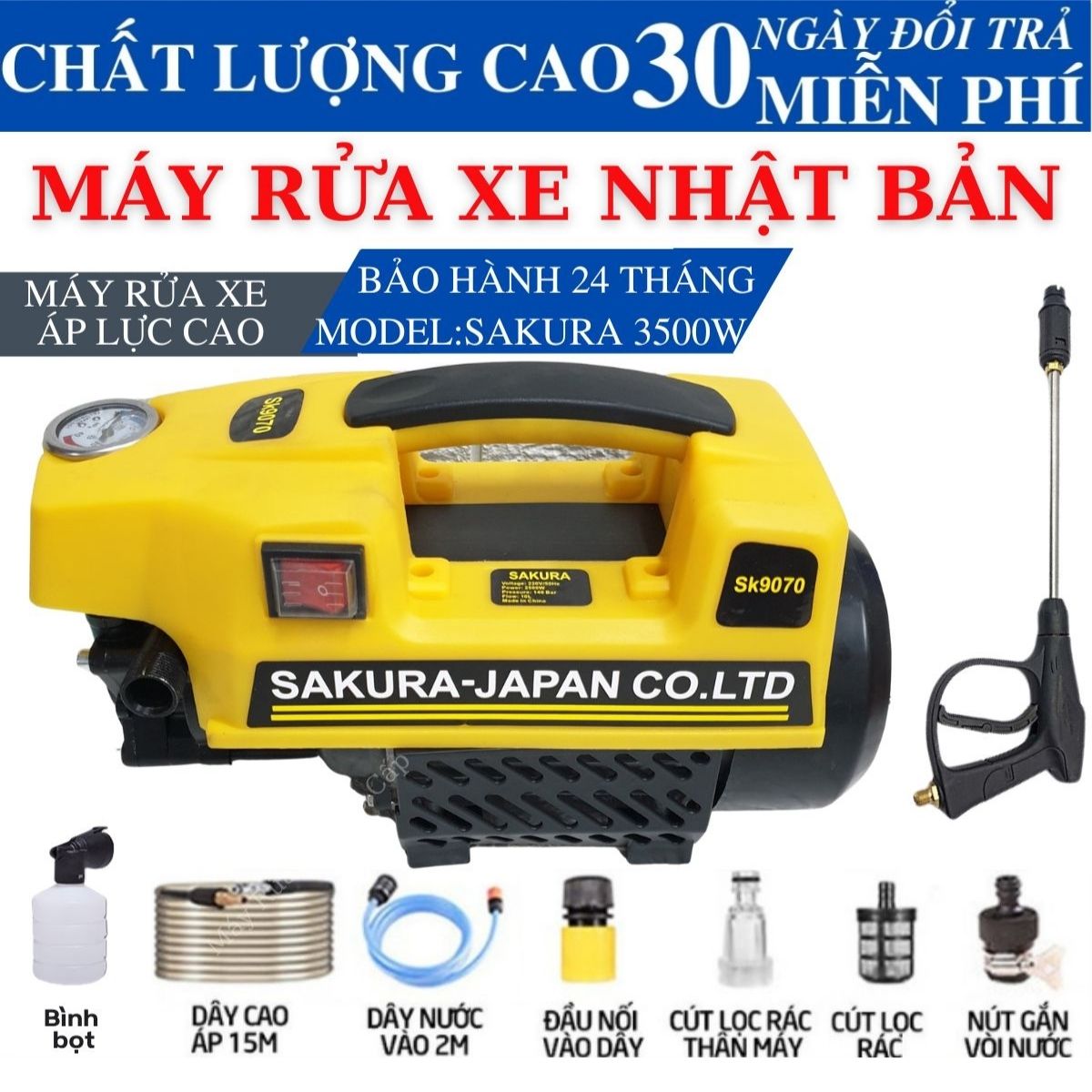 Máy rửa xe Sakura 3500W - Lõi đồng 100% - Máy rửa xe mini bảo hành 24 tháng - Máy xịt rửa gia đình t