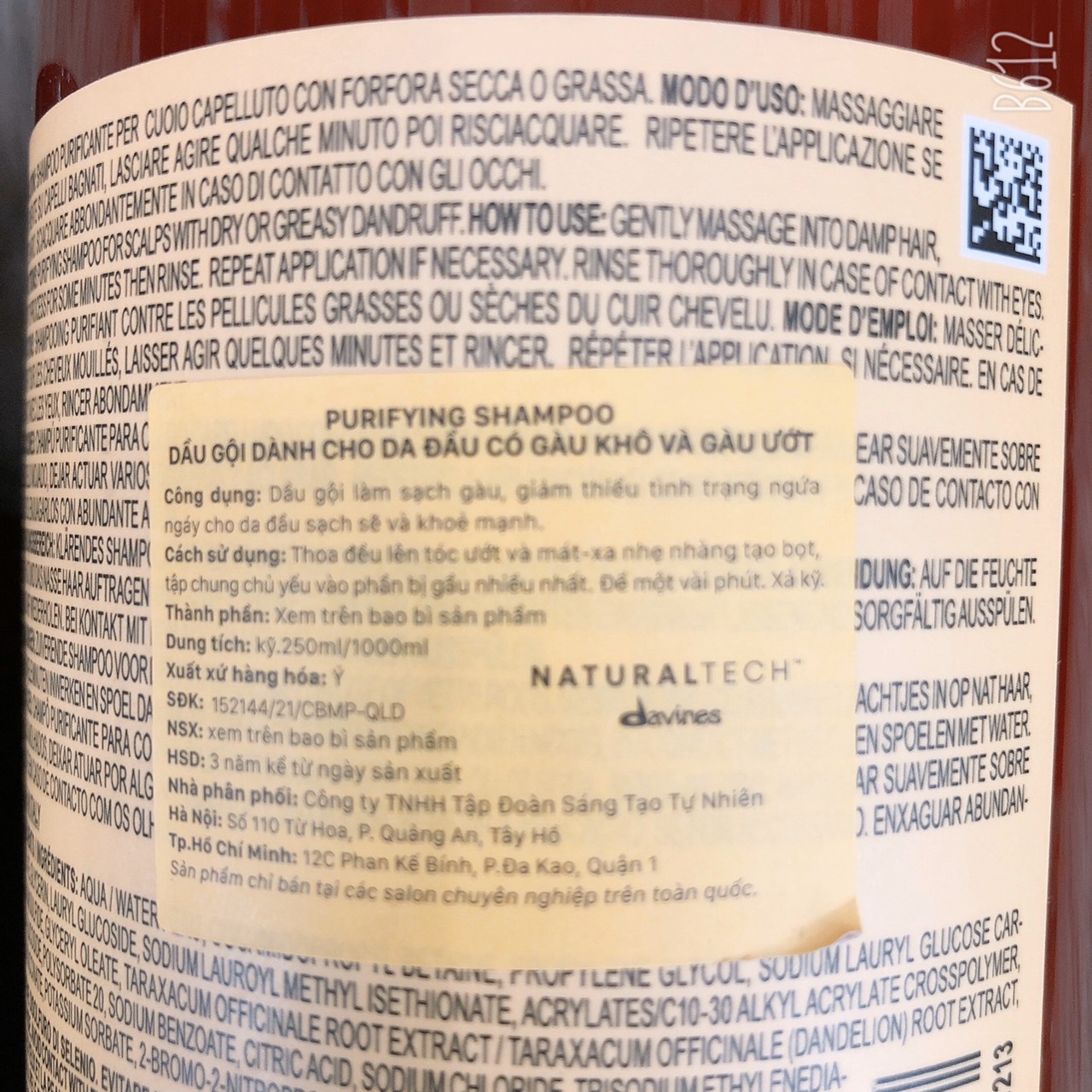Dầu gội ngăn gàu cho tóc và da đầu DAVINES PURIFYING Shampoo