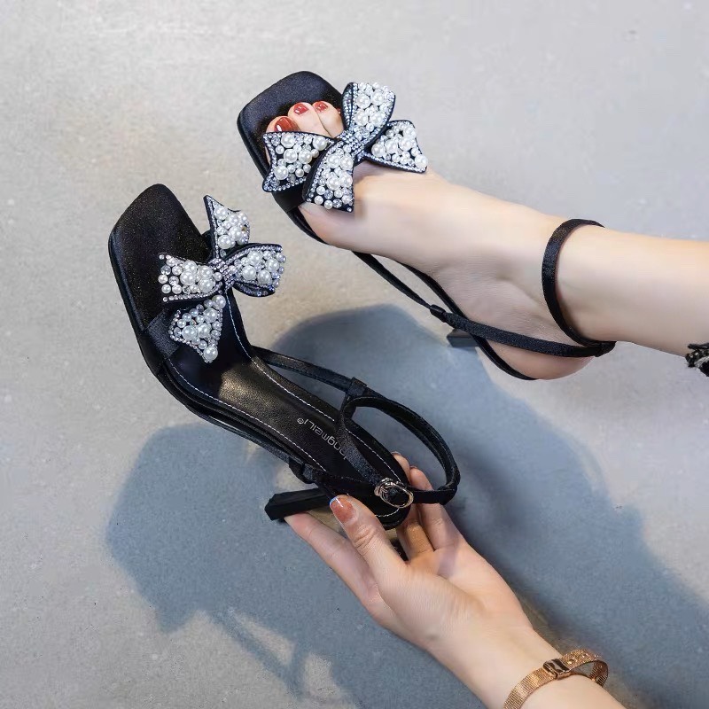 sandal cao gót đính nơ đá ngọc cao 7 phân lấp lánh
