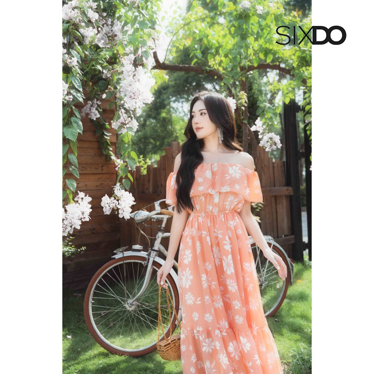 Đầm hoa voan midi trễ vai chun eo thời trang SIXDO (Floral Maxi Voile Dress)