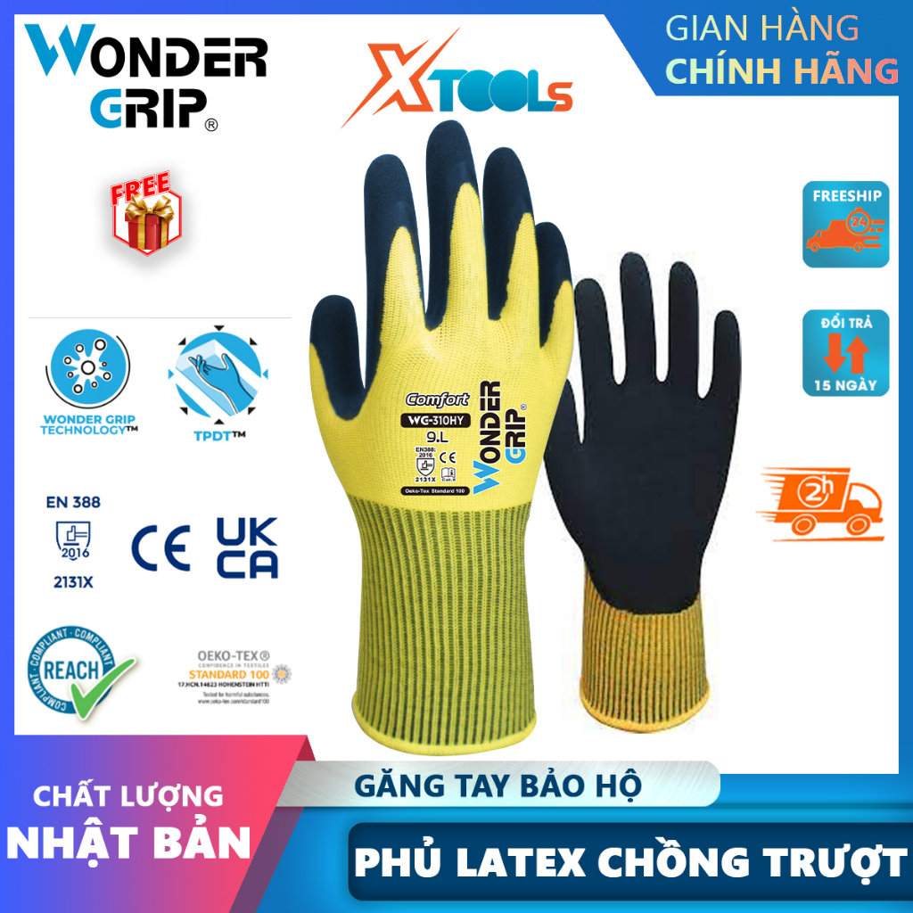 Găng tay bảo hộ lao động WonderGrip WG-310HY găng tay chống trượt phủ latex chống cắt cấp độ 1 linh hoạt cao dễ thao tác