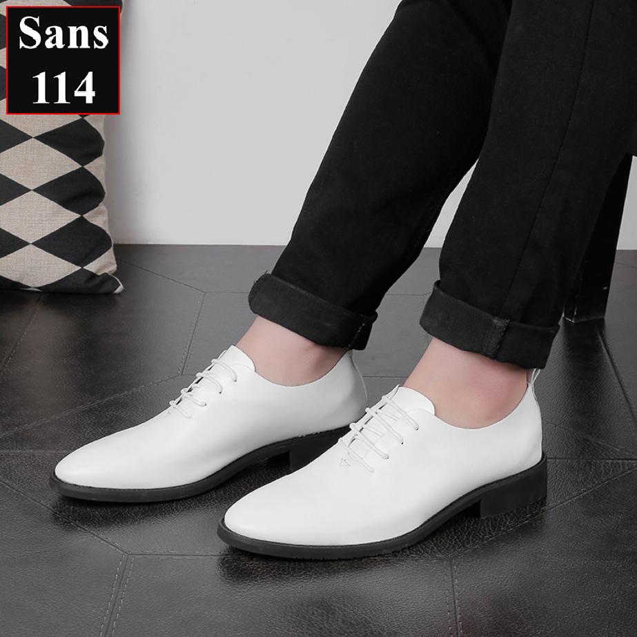 Giày tăng chiều cao nam Sans114 da bò thật derby công sở giầy độn đế 5cm dây buộc màu trắng đen