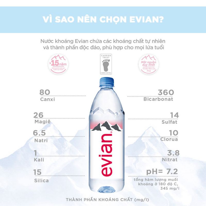 Thùng 12 chai nước khoáng Pháp Evian 1,5 lít.