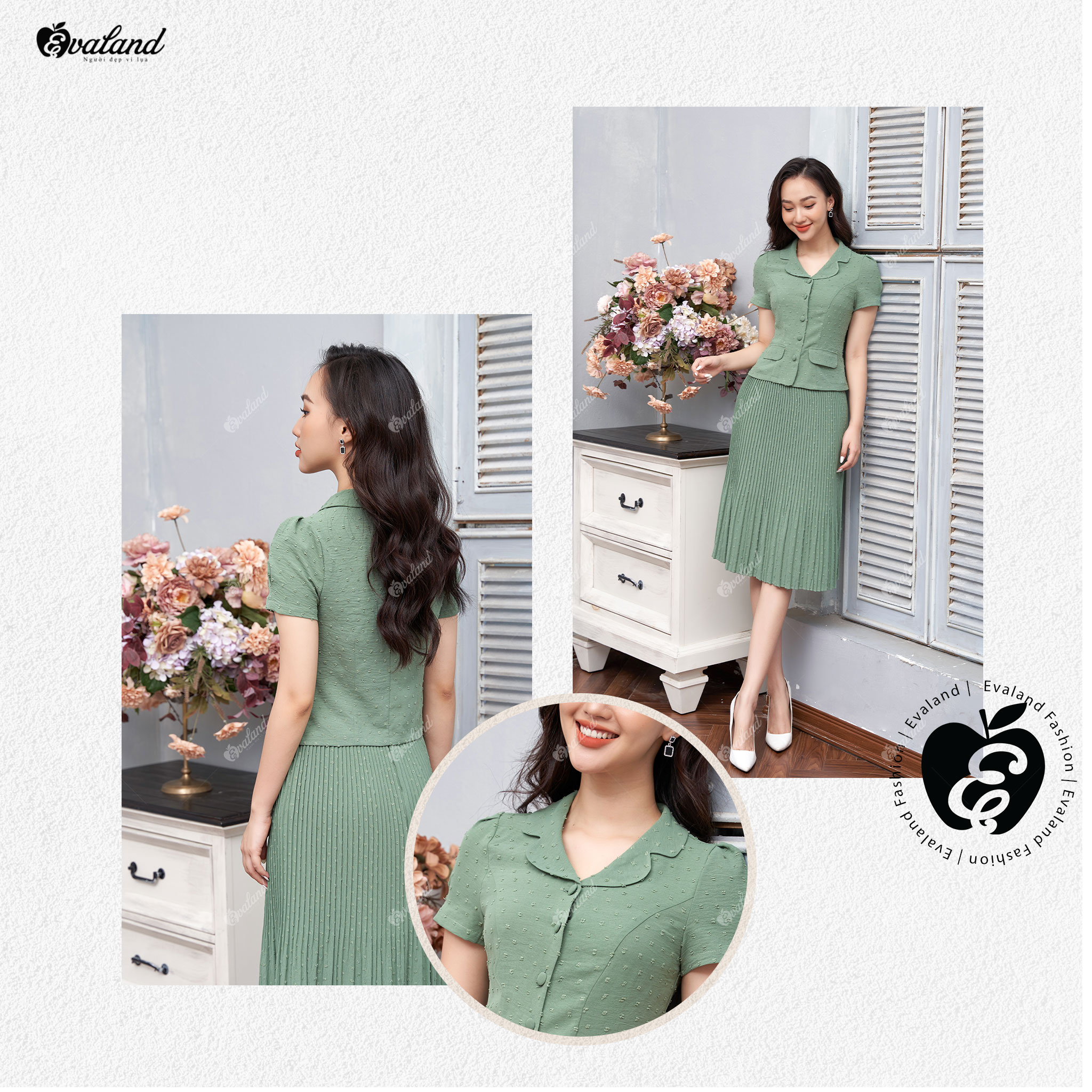 Set bộ chân váy xếp ly nữ tính Evaland