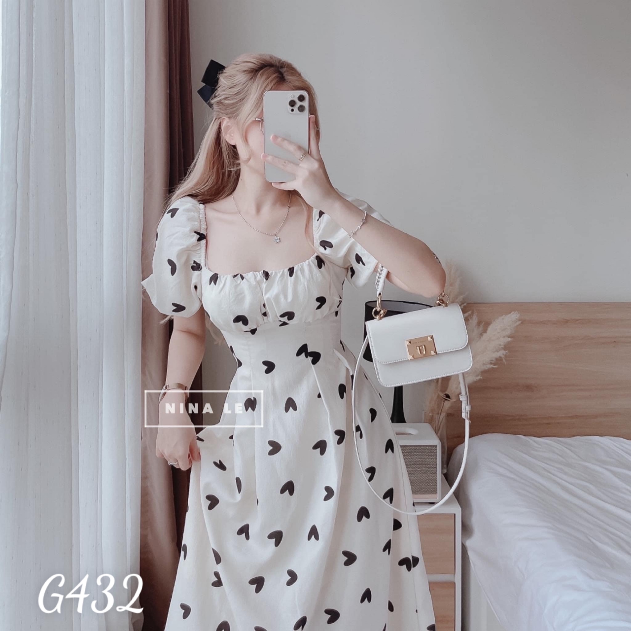 Đầm voan lụa nữ in trái tim cột nơ lưng dáng xoè g432