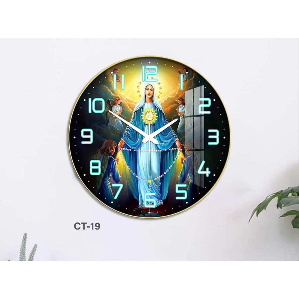 Đồng hồ tròn công giáo- Đồng hồ tròn tráng gương 5D in hình Đức mẹ ...
