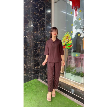 Bộ nữ đi chùa 1 nút kate không thêu.